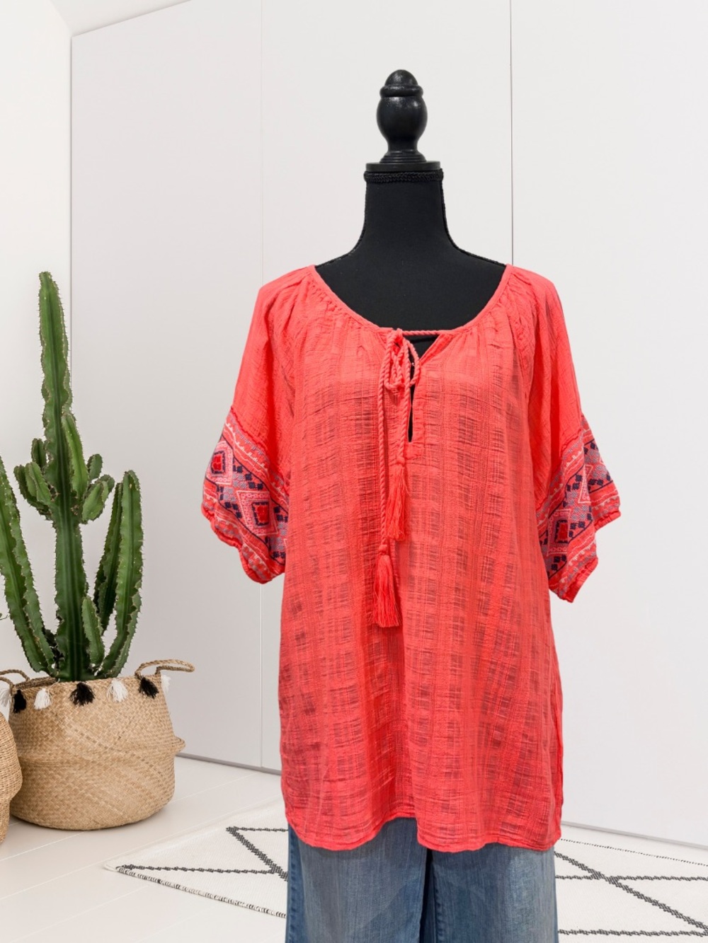 Dylan Short Embroidered Sleeve Tunic Top